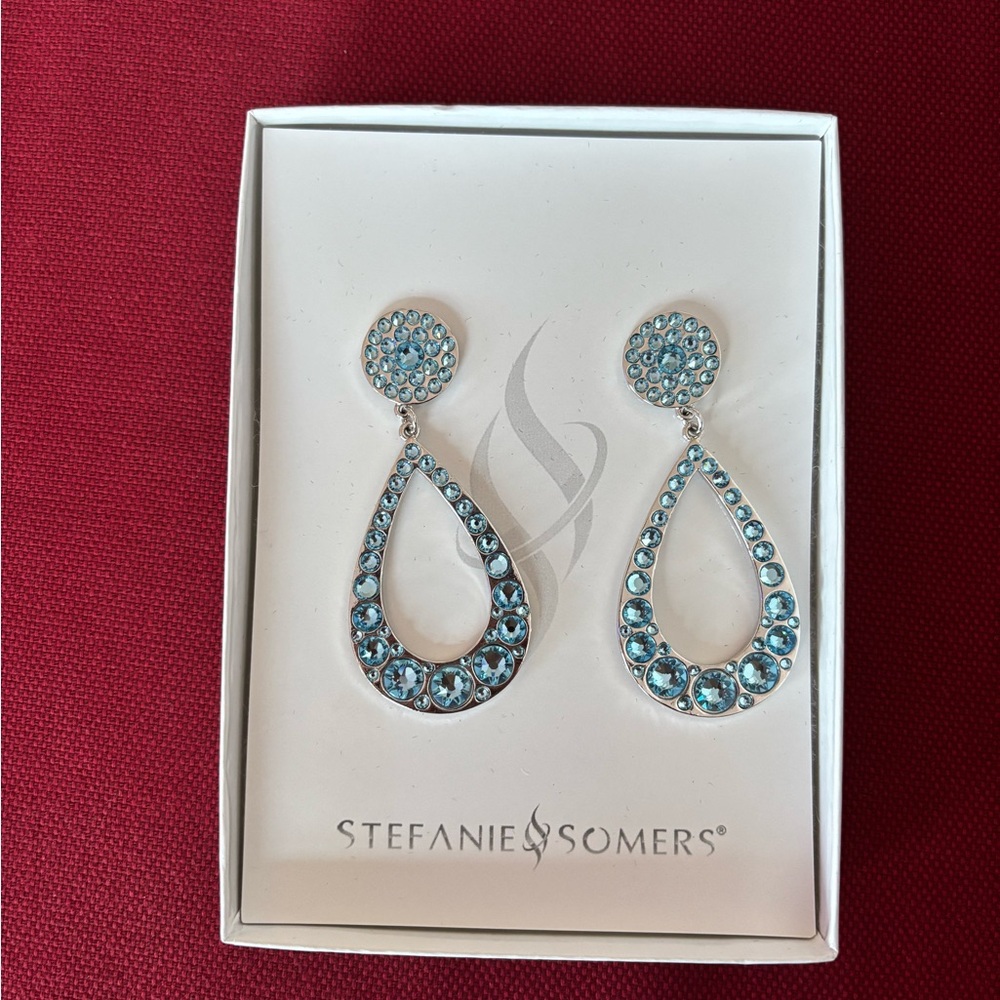 Stefanie Somers Aquamarine Aqua Blue Crystal Drop Earrings Teardrop Hoop